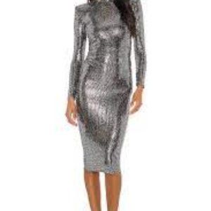 Nookie NWT Bellagio Long Sleeve Midi Dress gunmetal silver sequin bodycon XS